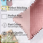 Both Side with PomPom Quilted Velvet Rectangular Cushion Cover (Set of 2), Peach